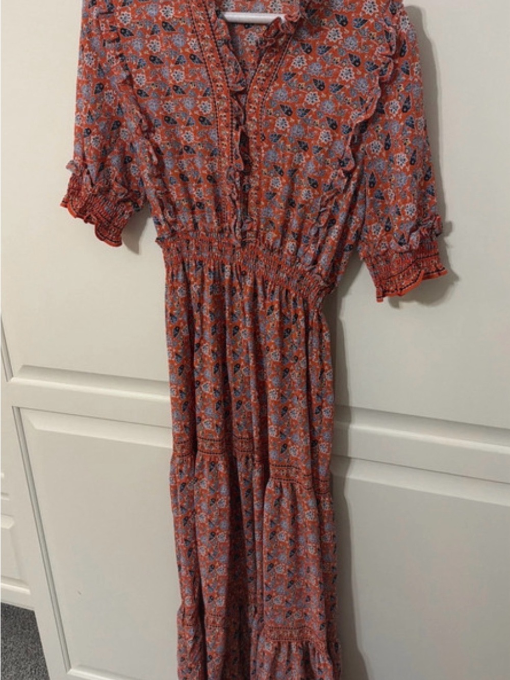 Max Studio Orange Floral Smocked Waist Tiered Maxi Dress